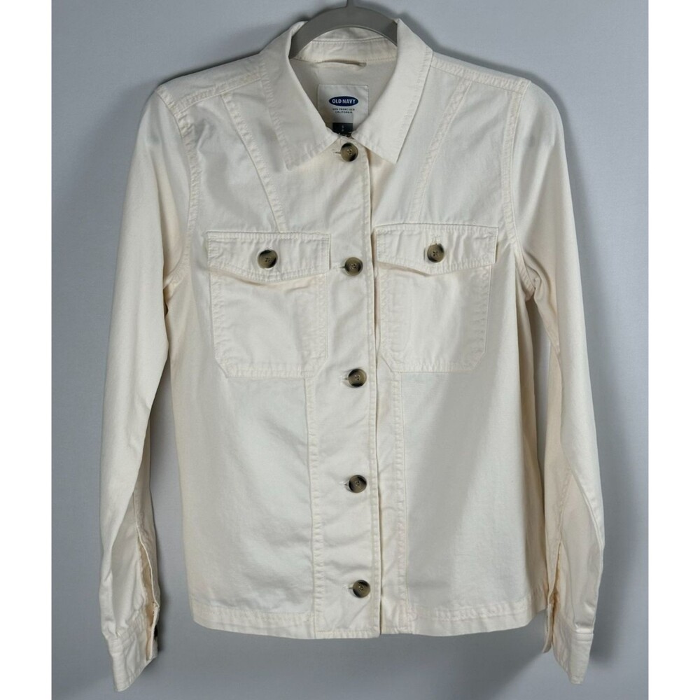 Old Navy Chore Jacket S Cream Cotton Button Front‎ Utility Shacket Minimalist
